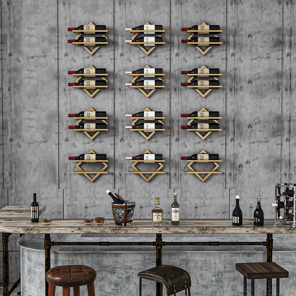 HMR - Gold Wall Mounted Wine Bottle Rack 6-Piece 12 Bottle Metal Hanging Wine Rack