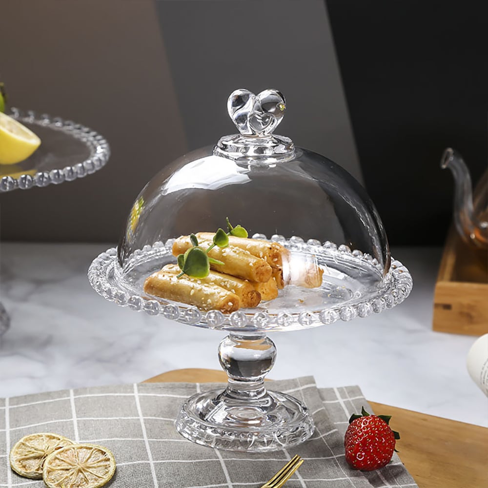 HMR - Clear Glass Fruit Serving Tray Stand with Love-shaped Cover Round Food Snack Server