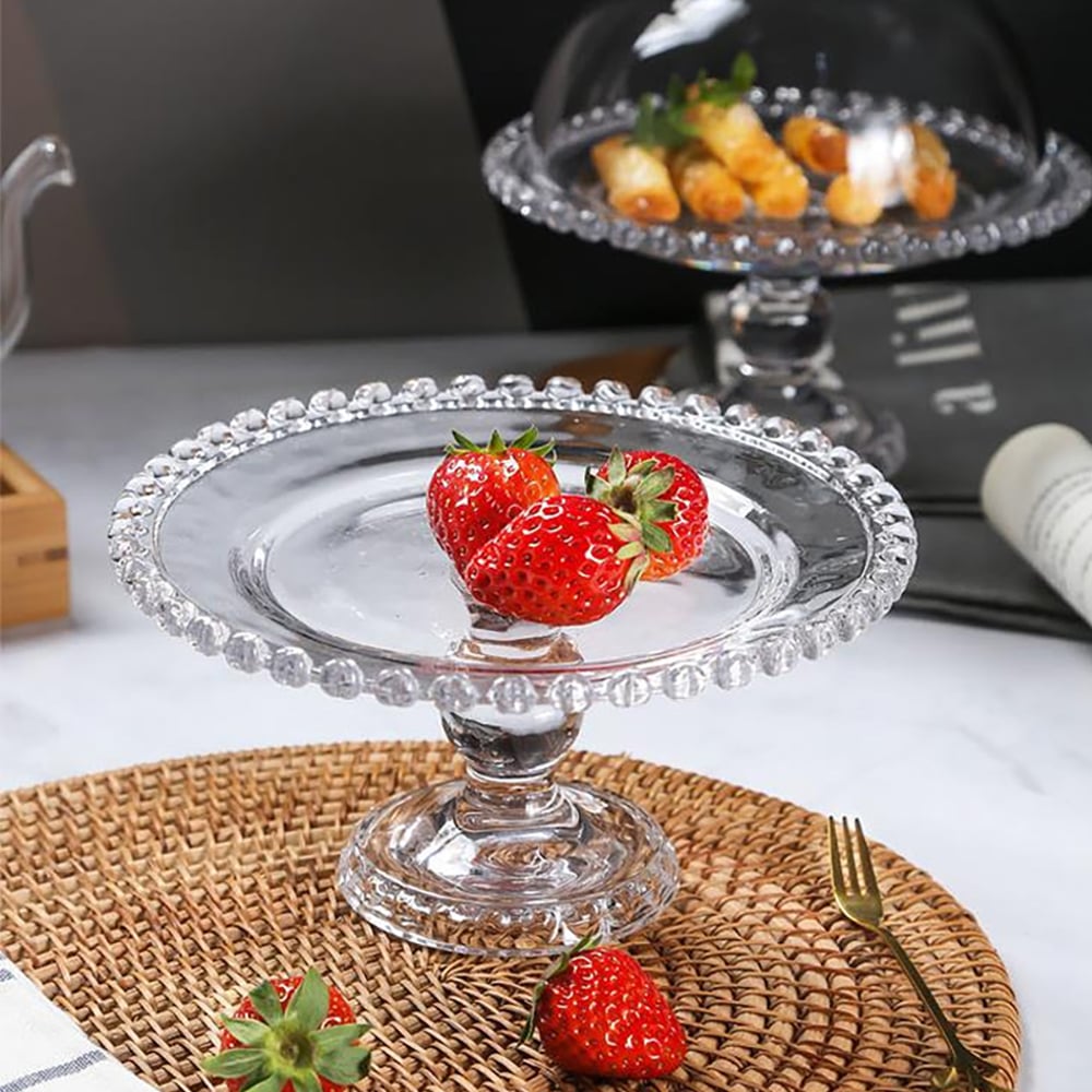 HMR - Clear Glass Fruit Serving Tray Stand with Love-shaped Cover Round Food Snack Server