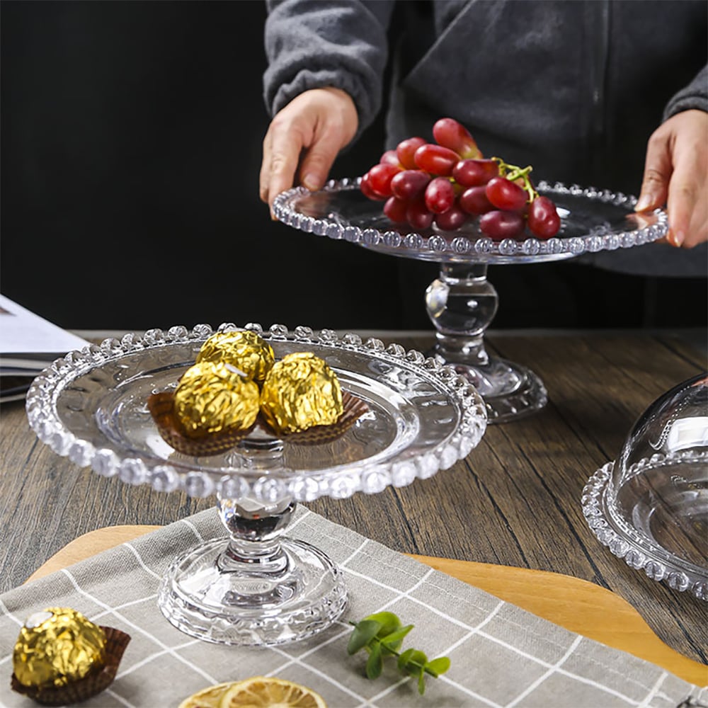 HMR - Clear Glass Fruit Serving Tray Stand with Love-shaped Cover Round Food Snack Server