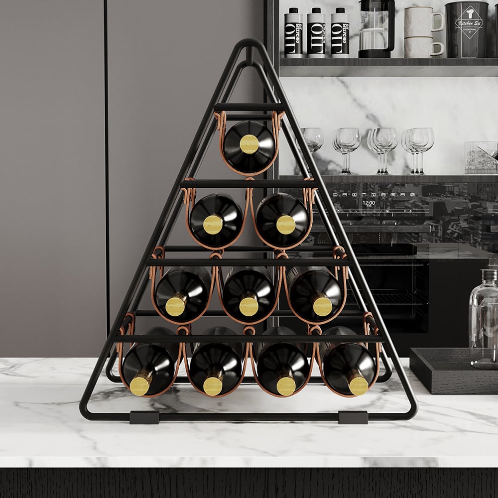 HMR - Industrial Black Wine Rack Countertop Faux Leather Triangle 10 Bottles Wine Holder Metal