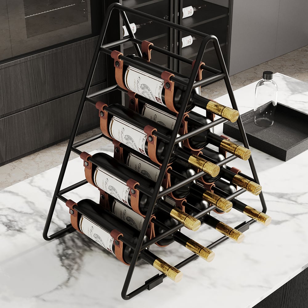 HMR - Industrial Black Wine Rack Countertop Faux Leather Triangle 10 Bottles Wine Holder Metal