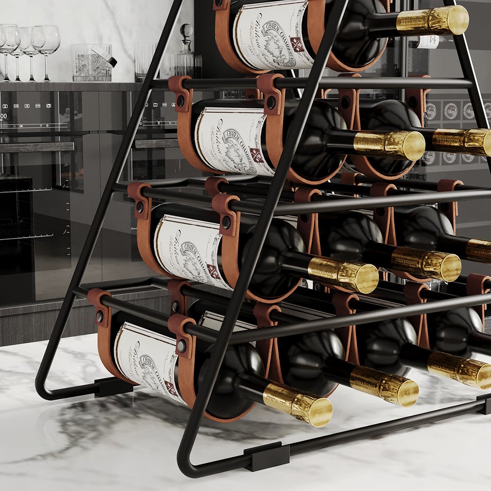 HMR - Industrial Black Wine Rack Countertop Faux Leather Triangle 10 Bottles Wine Holder Metal