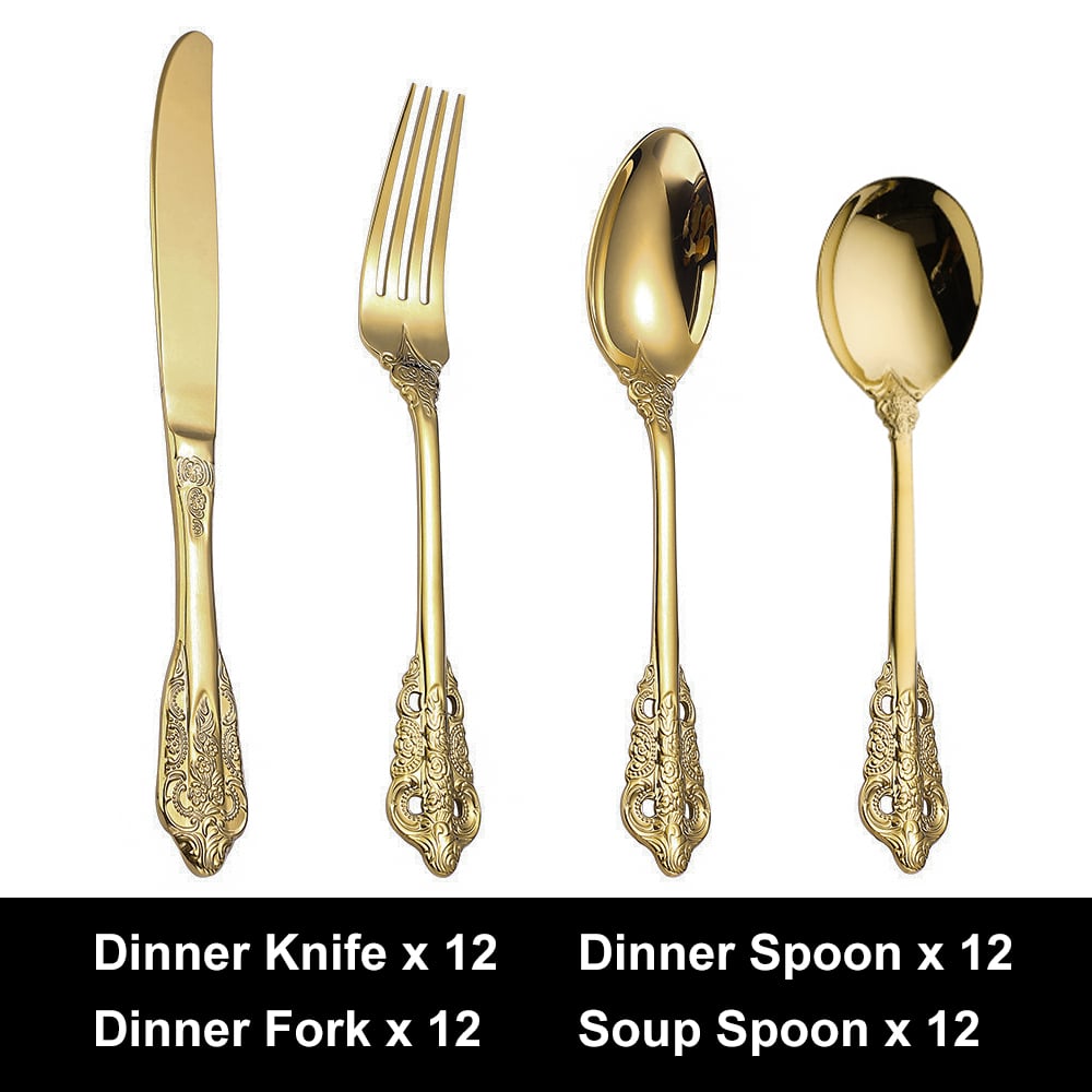 HMR - Vintage Gold Engraved Cutlery Set Service for 12 Stainless Steel Flatware 48Pc Set