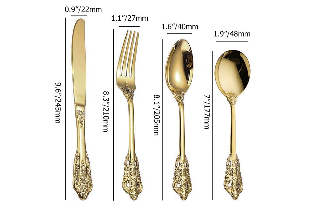 HMR - Vintage Gold Engraved Cutlery Set Service for 12 Stainless Steel Flatware 48Pc Set