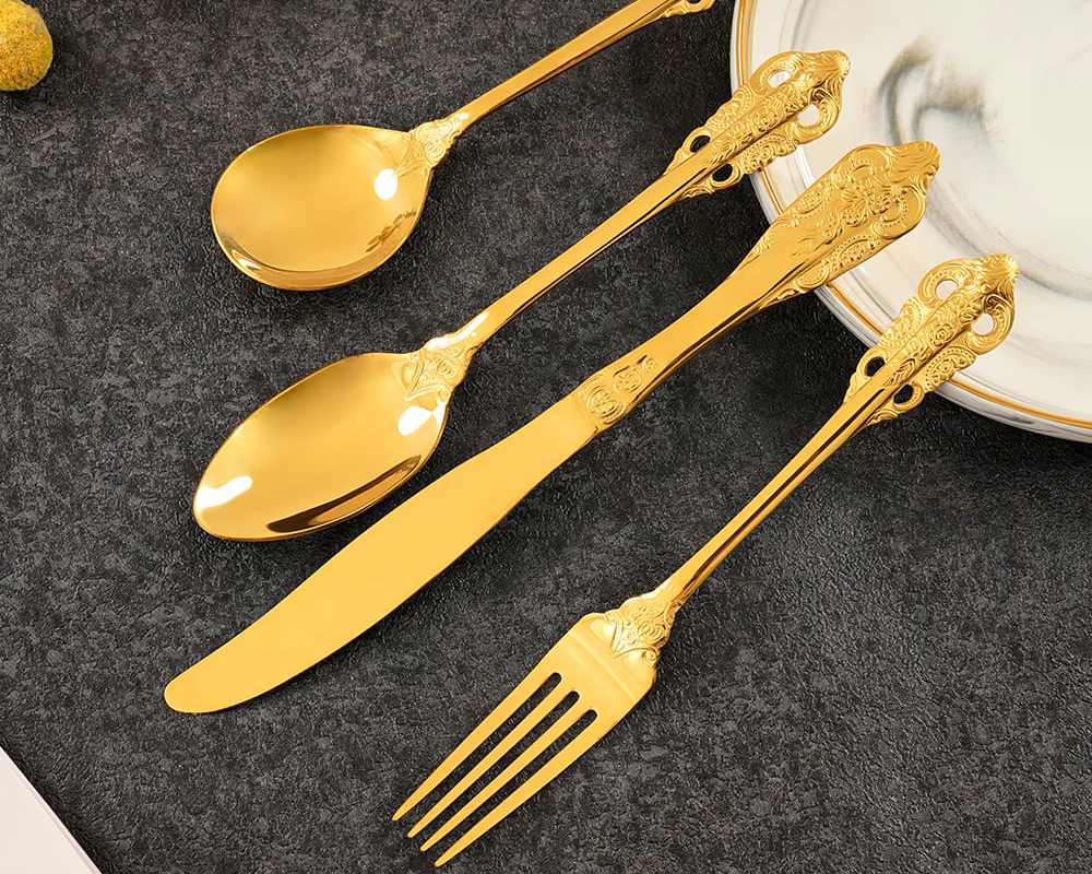 HMR - Vintage Gold Engraved Cutlery Set Service for 12 Stainless Steel Flatware 48Pc Set