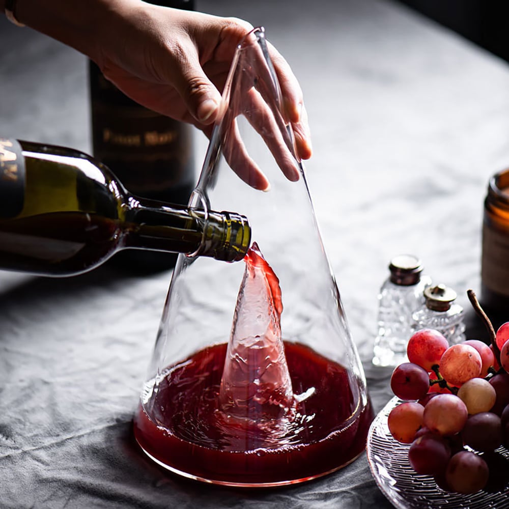 HMR - Unique Pyramid Glass Wine Decanter Hand Blown Red Wine Carafe with Wide Base