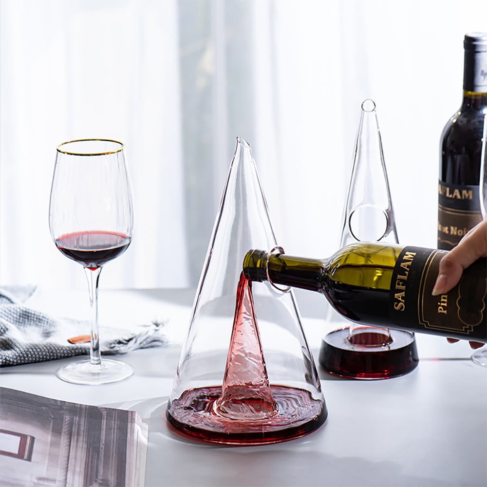 HMR - Unique Pyramid Glass Wine Decanter Hand Blown Red Wine Carafe with Wide Base