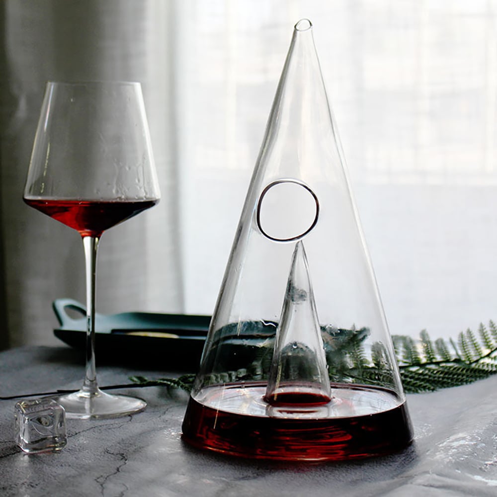 HMR - Unique Pyramid Glass Wine Decanter Hand Blown Red Wine Carafe with Wide Base