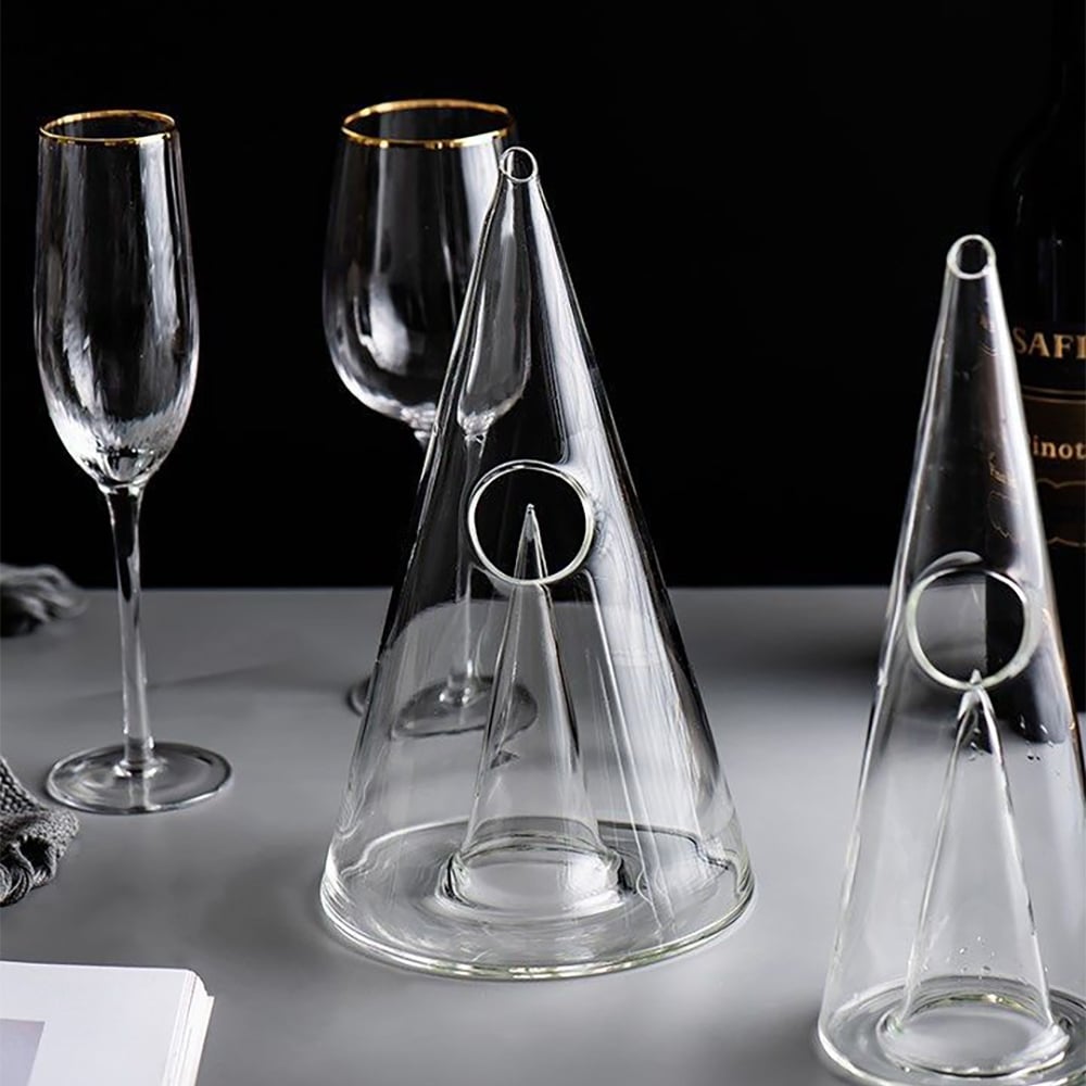 HMR - Unique Pyramid Glass Wine Decanter Hand Blown Red Wine Carafe with Wide Base