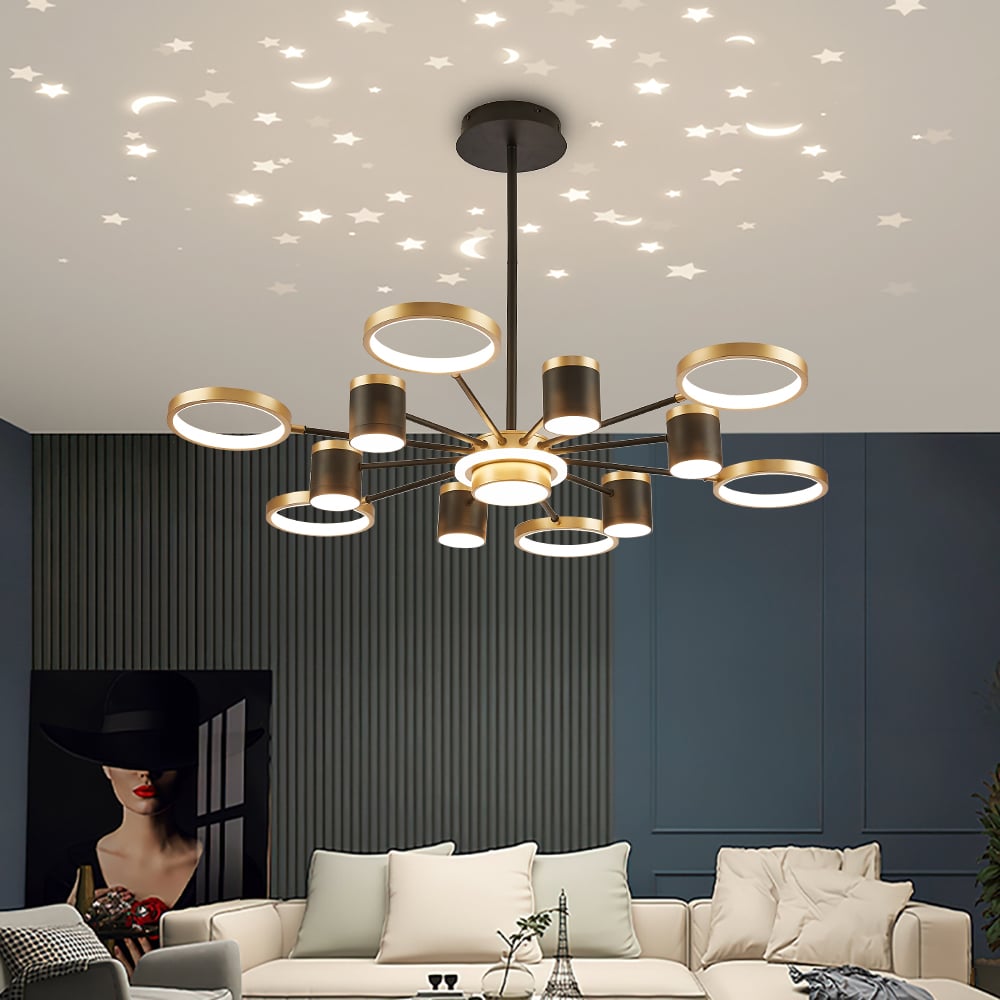 HMR - Nordic 12-Light Black & Gold Chandelier LED Ring Starry Reflection Light Dimmable
