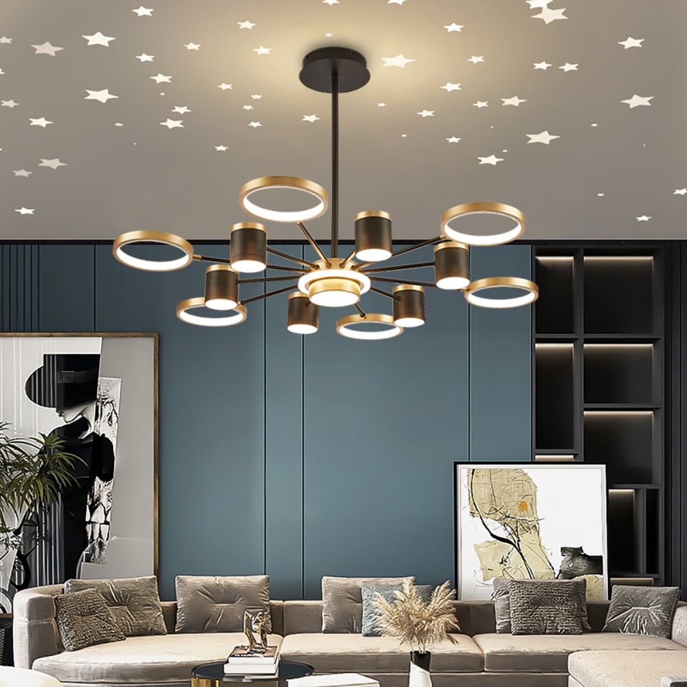 HMR - Nordic 12-Light Black & Gold Chandelier LED Ring Starry Reflection Light Dimmable