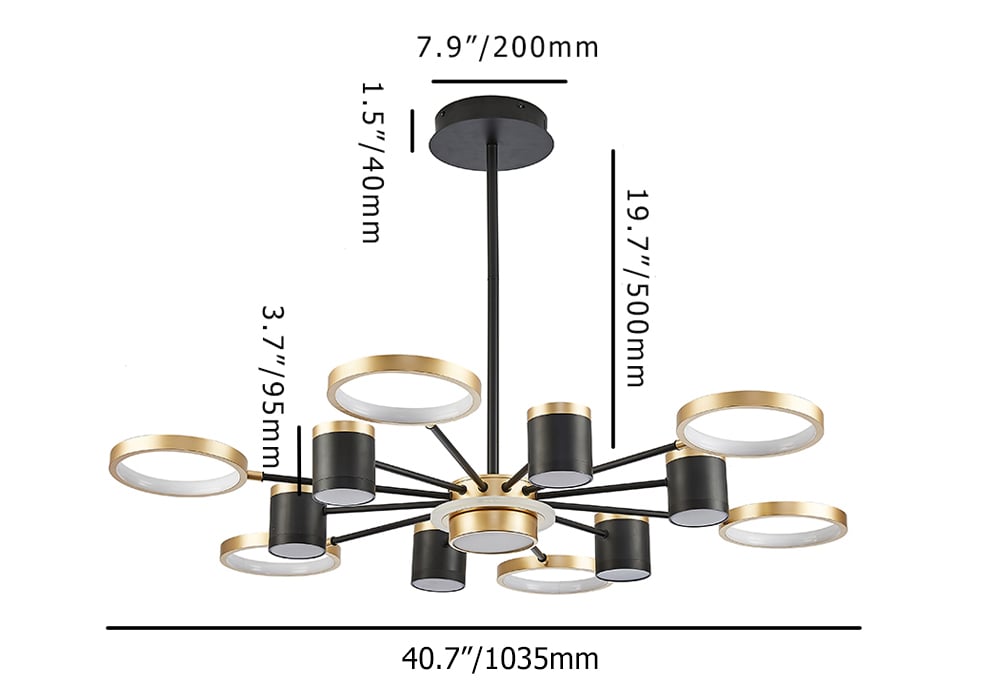HMR - Nordic 12-Light Black & Gold Chandelier LED Ring Starry Reflection Light Dimmable