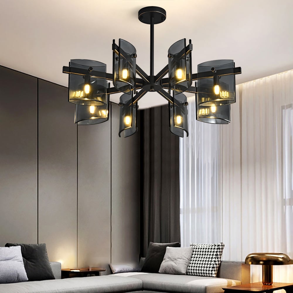 HMR - 8-Light Chandelier Black Glass Mid Century Ceiling Light