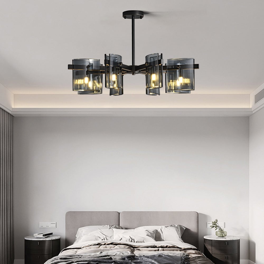 HMR - 8-Light Chandelier Black Glass Mid Century Ceiling Light