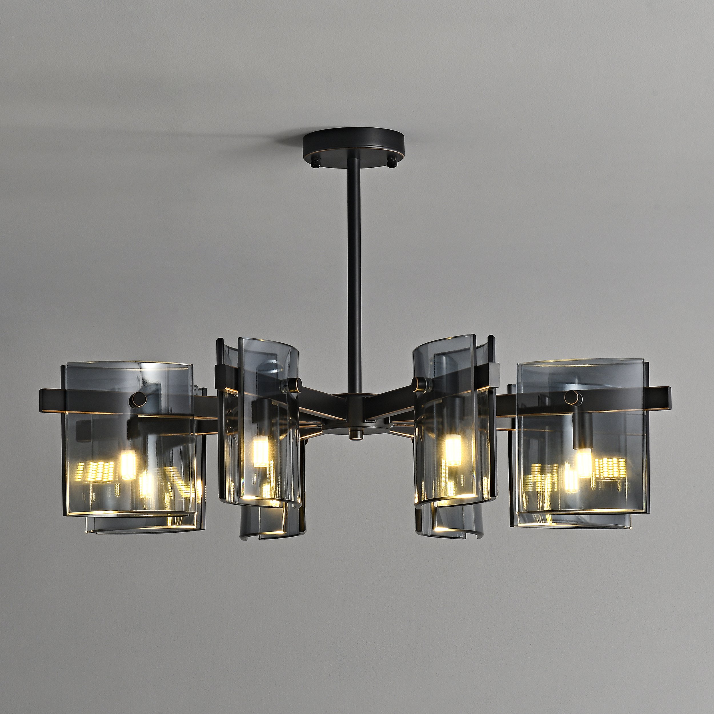 HMR - 8-Light Chandelier Black Glass Mid Century Ceiling Light