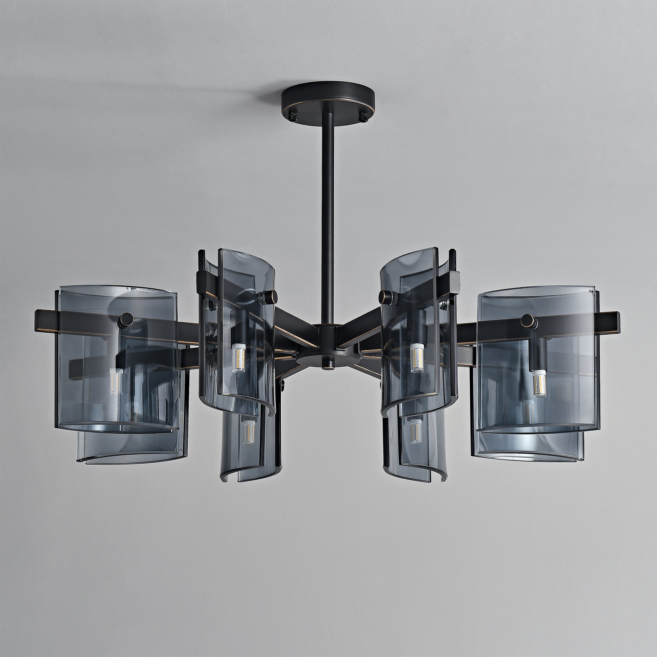 HMR - 8-Light Chandelier Black Glass Mid Century Ceiling Light