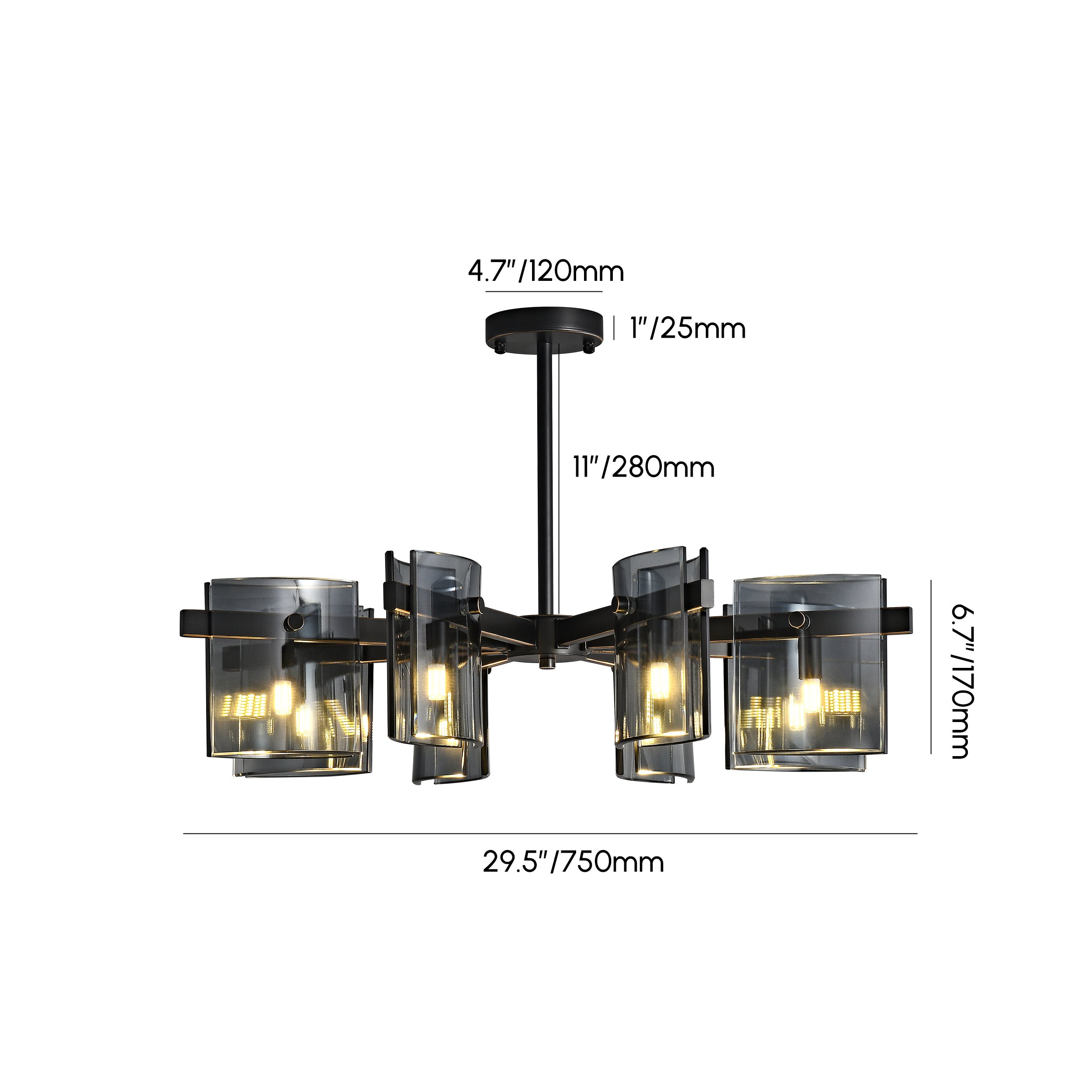 HMR - 8-Light Chandelier Black Glass Mid Century Ceiling Light