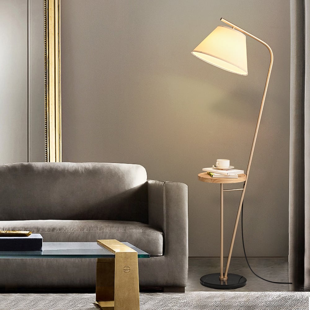 HMR - Champagne Gold Floor Lamp End Table with Linen Shade Wireless Charger & USB Port