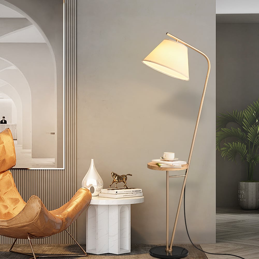 HMR - Champagne Gold Floor Lamp End Table with Linen Shade Wireless Charger & USB Port