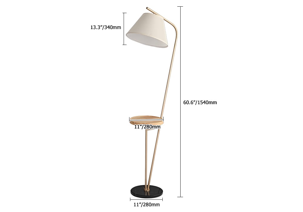 HMR - Champagne Gold Floor Lamp End Table with Linen Shade Wireless Charger & USB Port