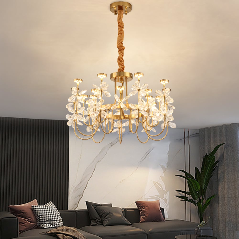 HMR - Art Deco 18-Light Gold Metal Frame Chandelier Led Pendant Lights for Living Room