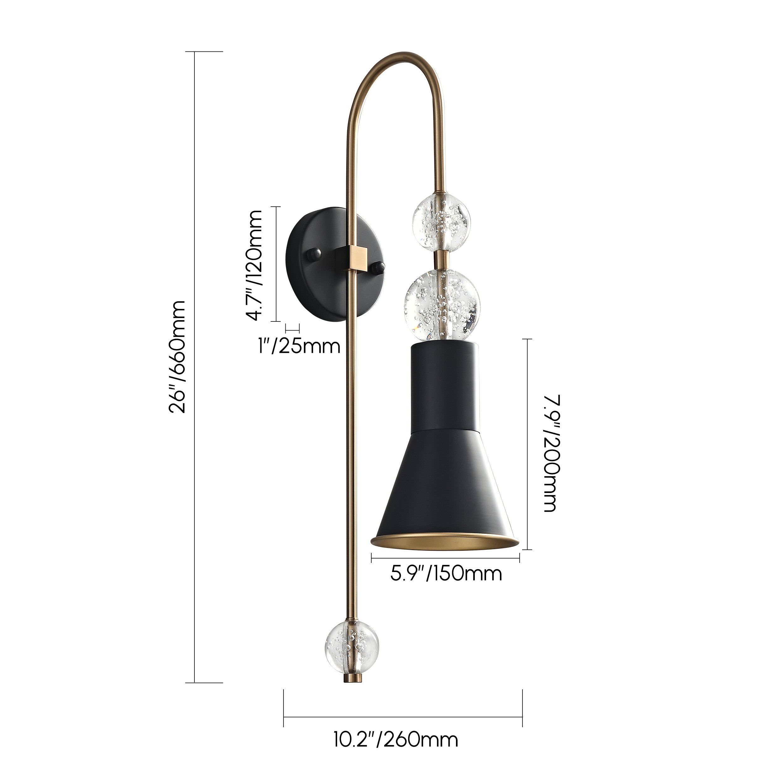 HMR - Modern Black & Gold 1-Light Wall Lighting Metal & Glass Wall Sconce