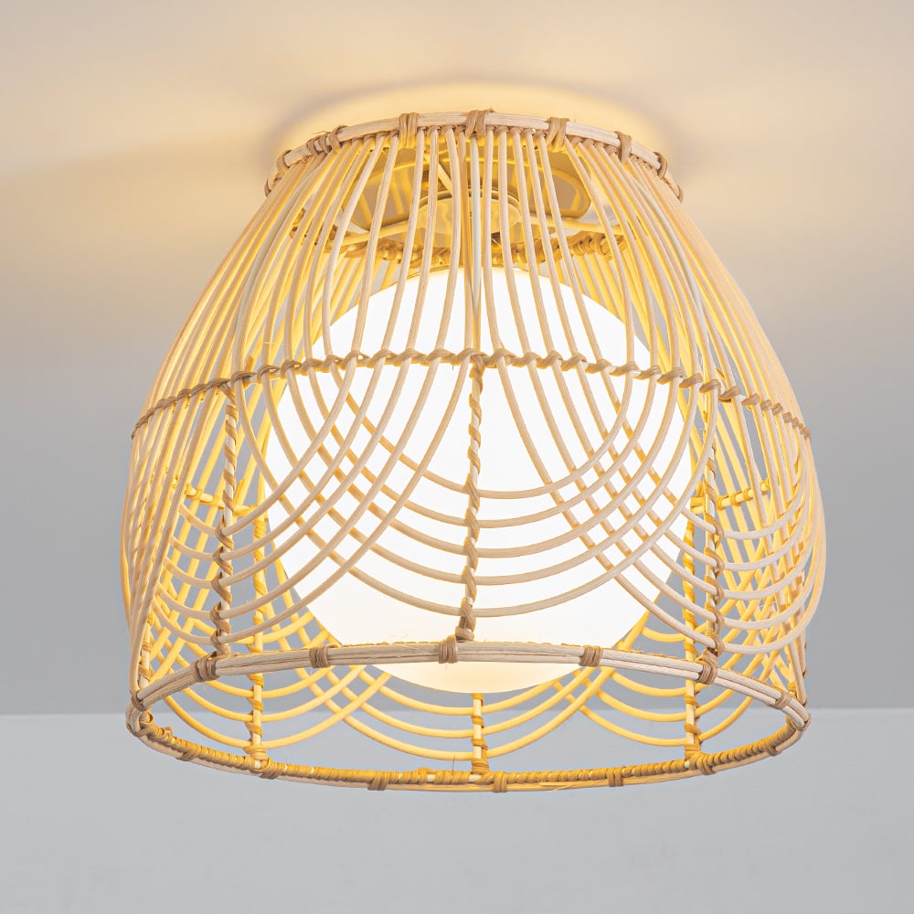 HMR - Rustic Metal & Rattan Geometric Flush Mount Ceiling Light with White Round Glass Shade