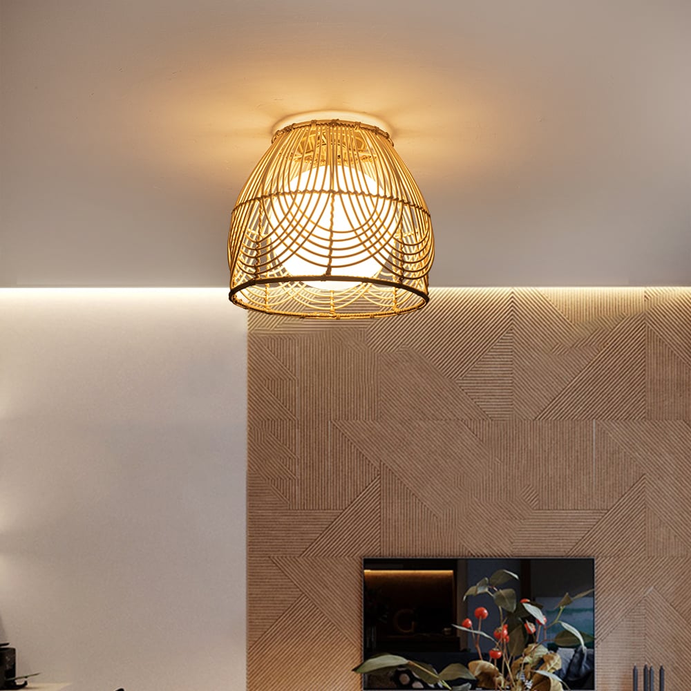 HMR - Rustic Metal & Rattan Geometric Flush Mount Ceiling Light with White Round Glass Shade