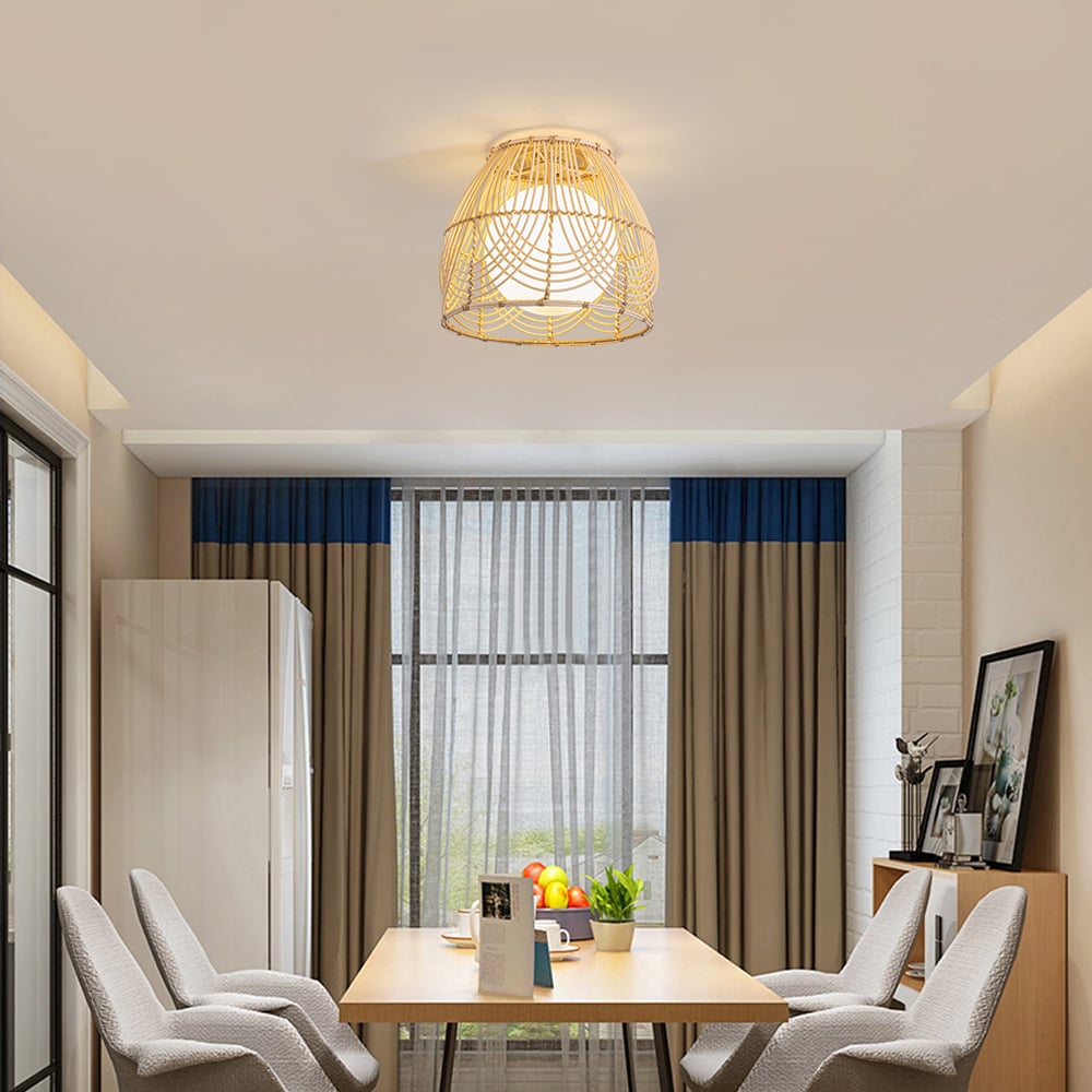 HMR - Rustic Metal & Rattan Geometric Flush Mount Ceiling Light with White Round Glass Shade
