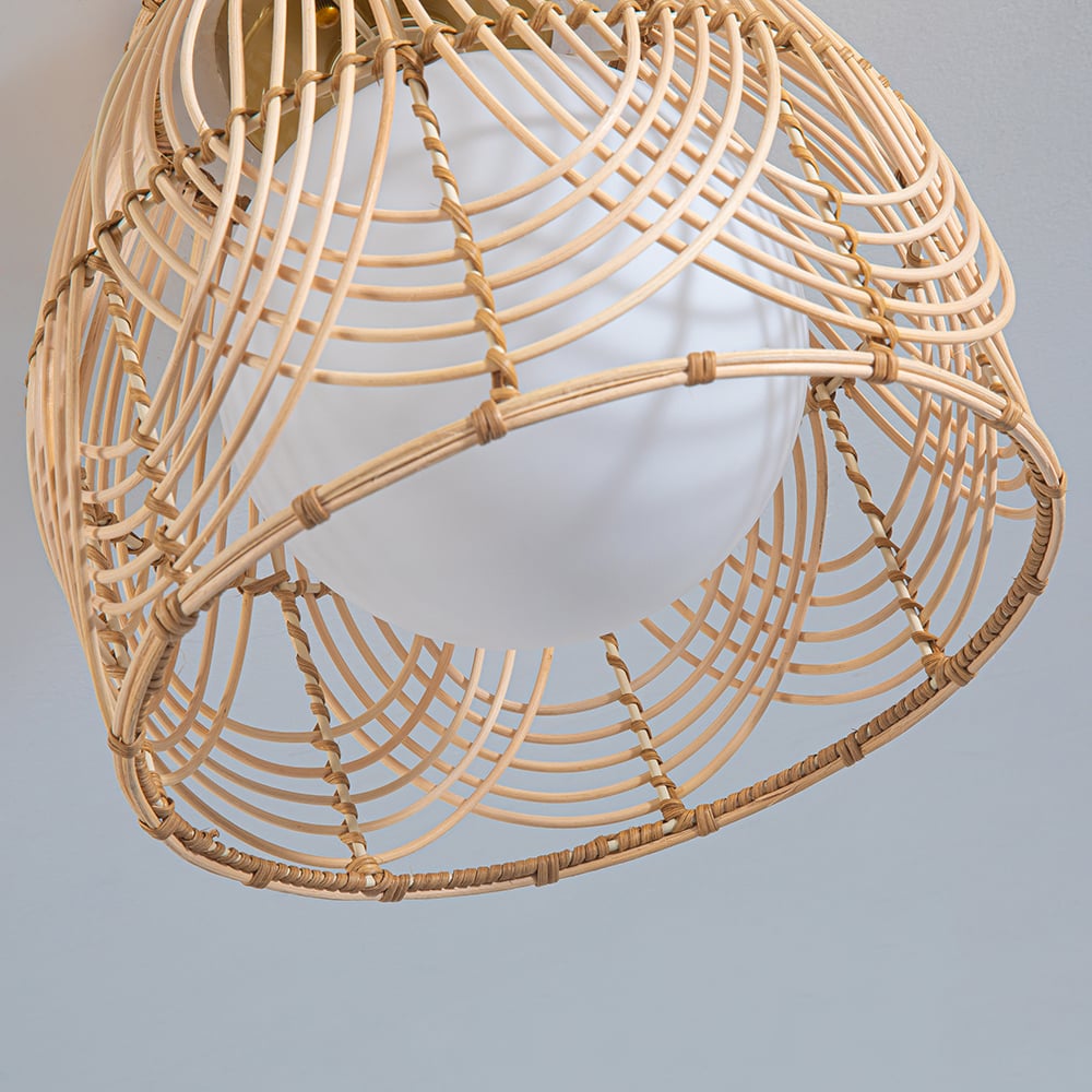 HMR - Rustic Metal & Rattan Geometric Flush Mount Ceiling Light with White Round Glass Shade