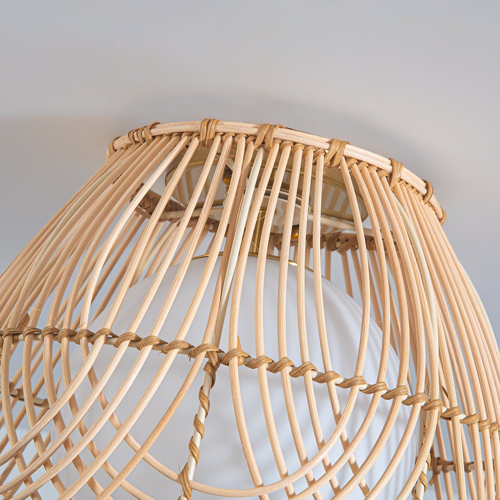 HMR - Rustic Metal & Rattan Geometric Flush Mount Ceiling Light with White Round Glass Shade