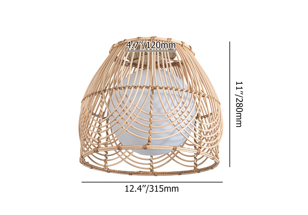 HMR - Rustic Metal & Rattan Geometric Flush Mount Ceiling Light with White Round Glass Shade