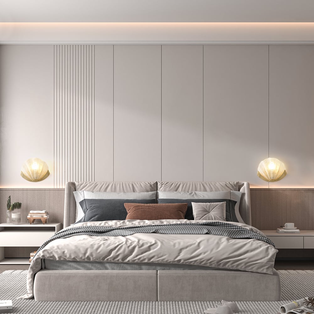 HMR - Art Deco Brass Wall Sconce Glass Shell Shape Golden Wall Light for Bedroom