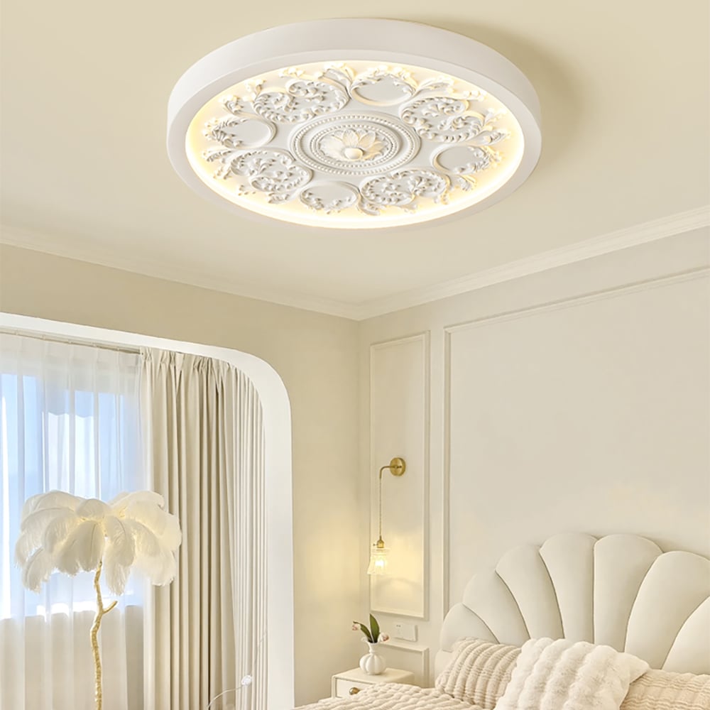 HMR - French Elegant White Resin 3D Carved LED 3 Modes Dimmable Flush Ceiling light
