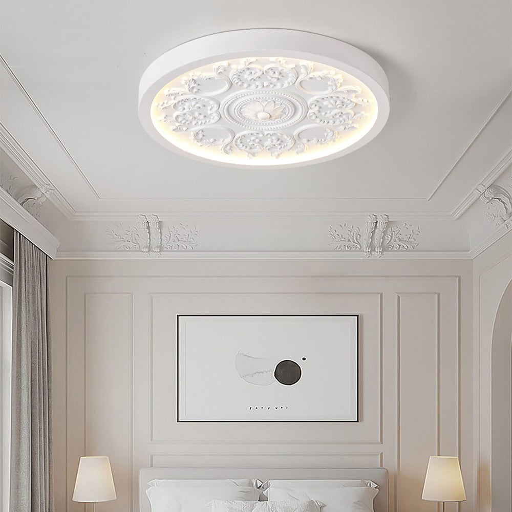 HMR - French Elegant White Resin 3D Carved LED 3 Modes Dimmable Flush Ceiling light