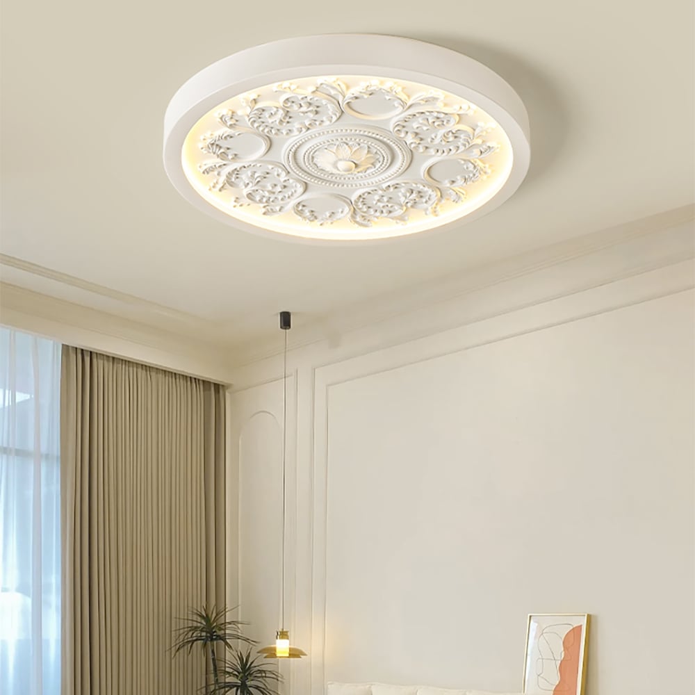 HMR - French Elegant White Resin 3D Carved LED 3 Modes Dimmable Flush Ceiling light