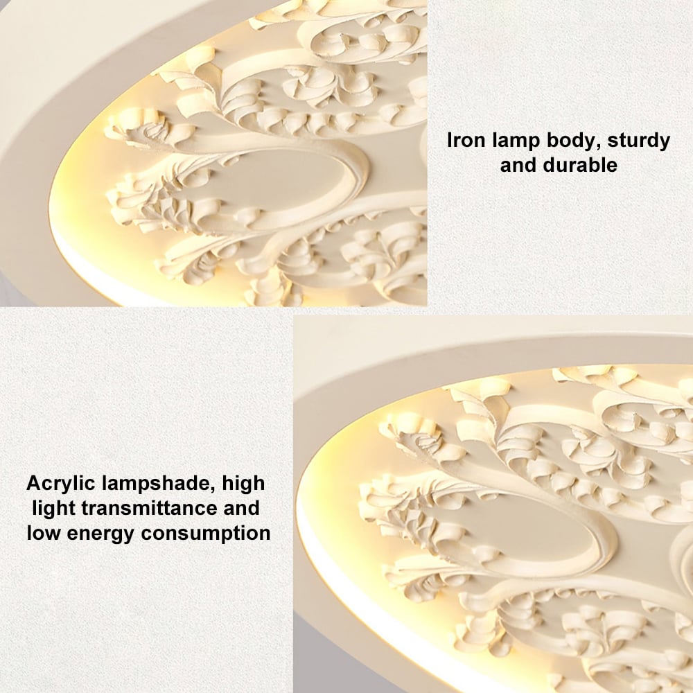 HMR - French Elegant White Resin 3D Carved LED 3 Modes Dimmable Flush Ceiling light