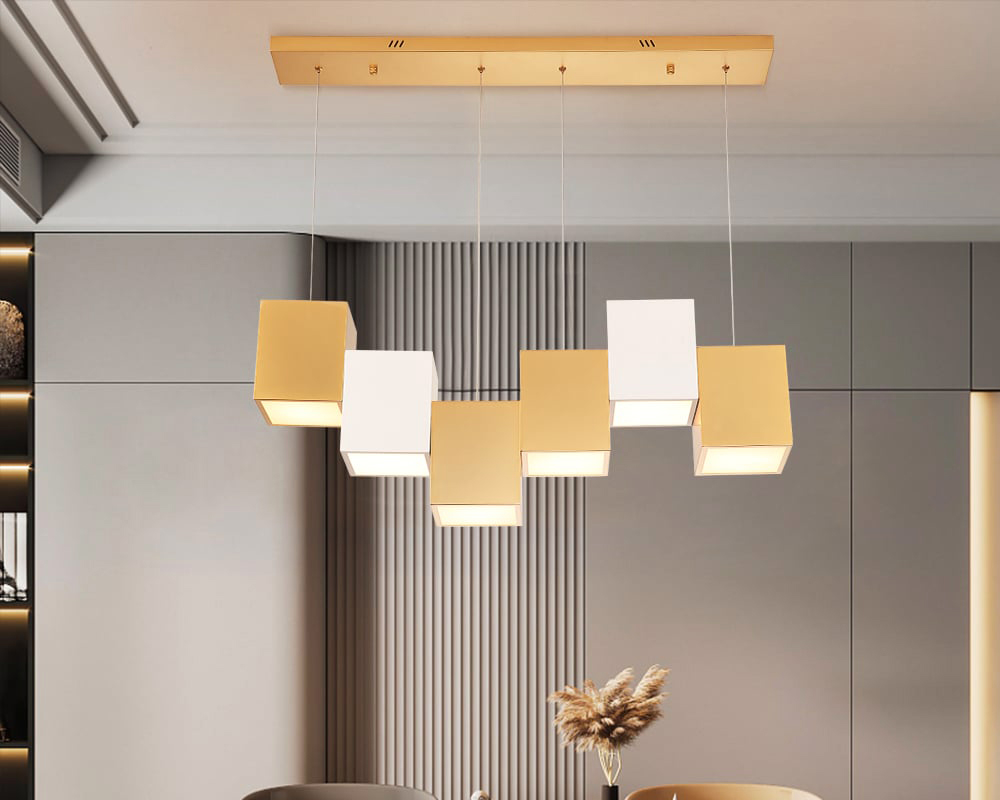 HMR 6-Light Modern Linear Kitchen Island Light Square Pendant Light - White & Gold