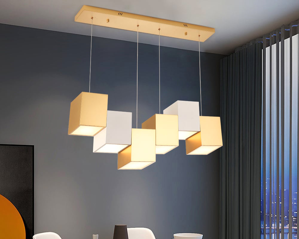 HMR 6-Light Modern Linear Kitchen Island Light Square Pendant Light - White & Gold