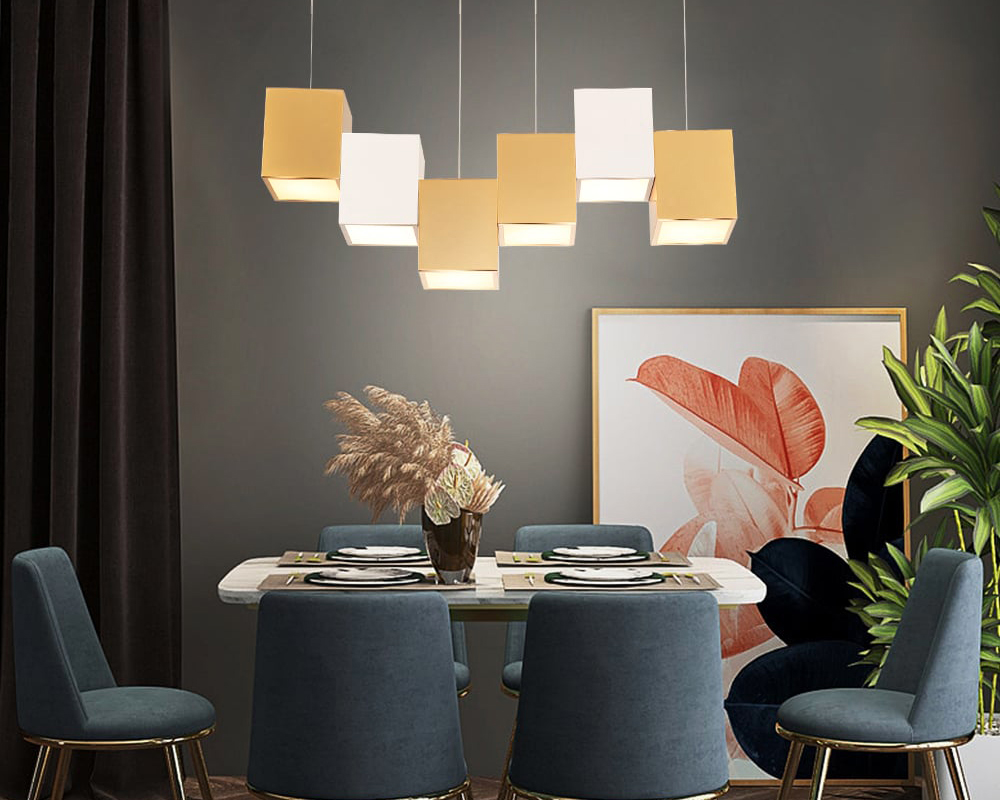 HMR 6-Light Modern Linear Kitchen Island Light Square Pendant Light - White & Gold