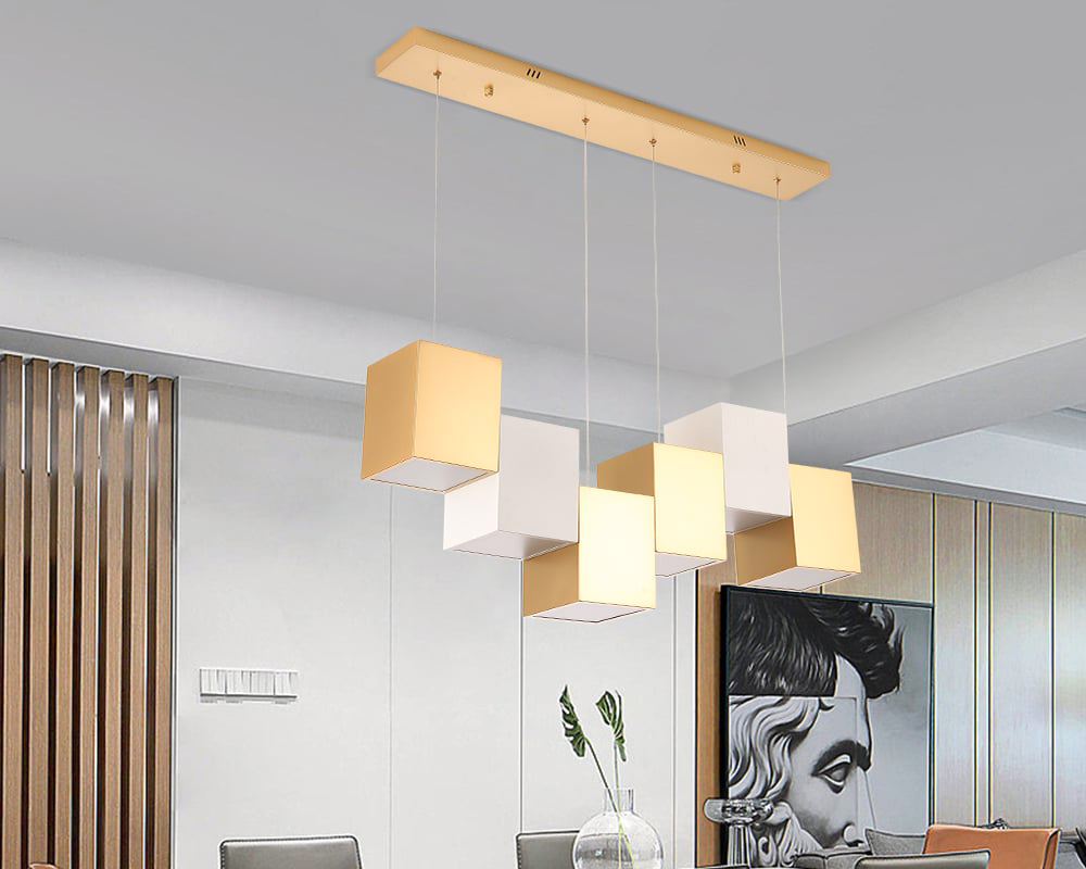 HMR 6-Light Modern Linear Kitchen Island Light Square Pendant Light - White & Gold