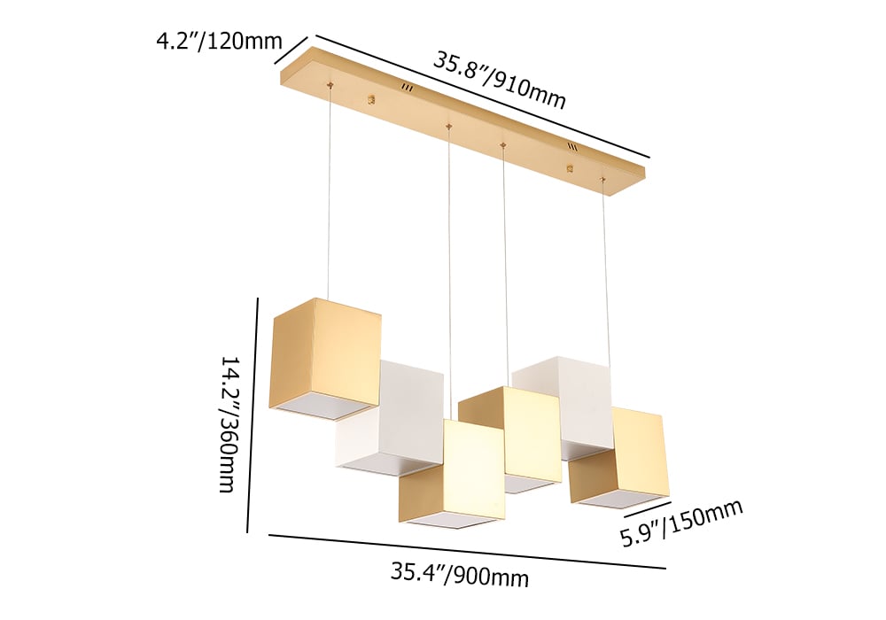 HMR 6-Light Modern Linear Kitchen Island Light Square Pendant Light - White & Gold