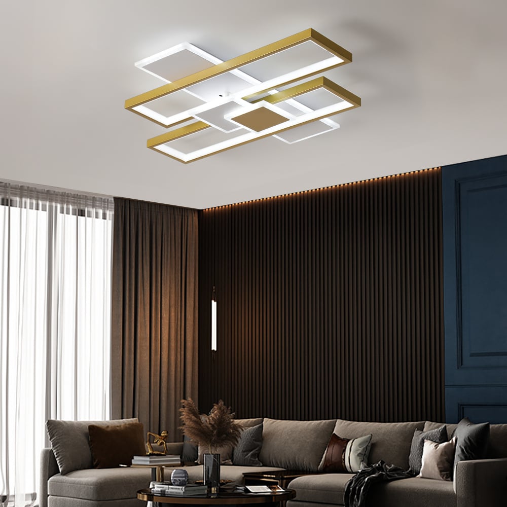 HMR - LED Modern Rectangular Flush Mount Ceiling Light in Gold & White with Remote Control
