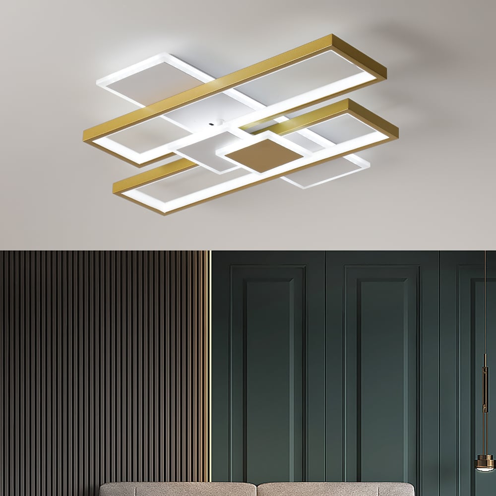 HMR - LED Modern Rectangular Flush Mount Ceiling Light in Gold & White with Remote Control