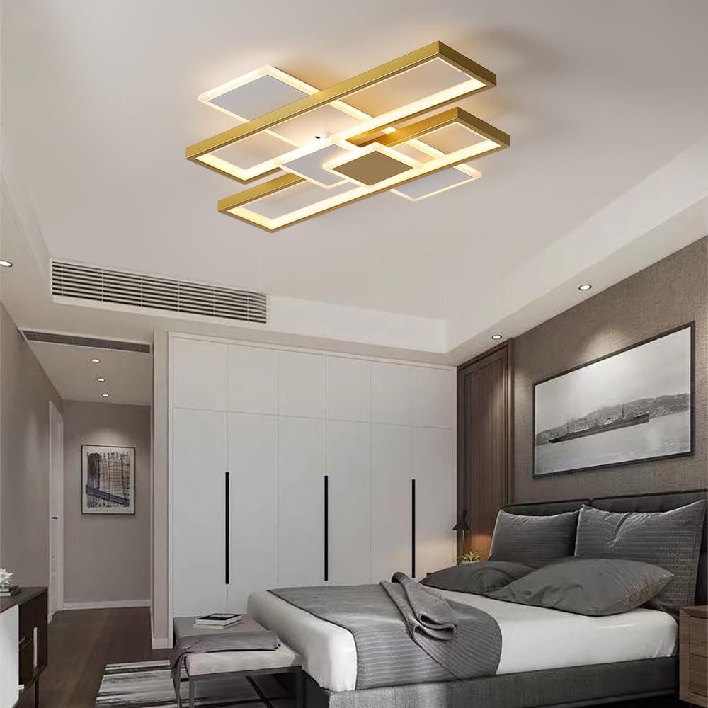 HMR - LED Modern Rectangular Flush Mount Ceiling Light in Gold & White with Remote Control