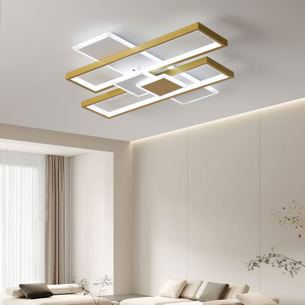 HMR - LED Modern Rectangular Flush Mount Ceiling Light in Gold & White with Remote Control