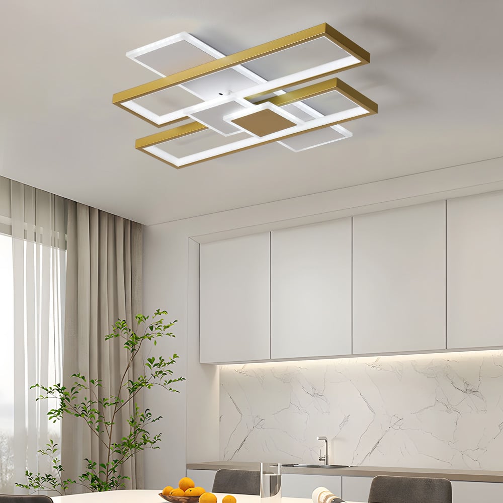 HMR - LED Modern Rectangular Flush Mount Ceiling Light in Gold & White with Remote Control