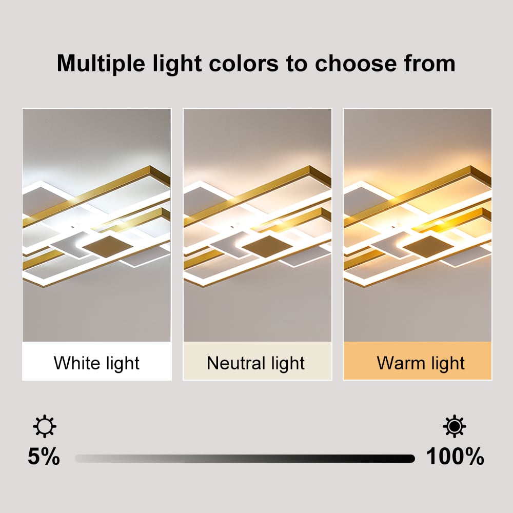 HMR - LED Modern Rectangular Flush Mount Ceiling Light in Gold & White with Remote Control