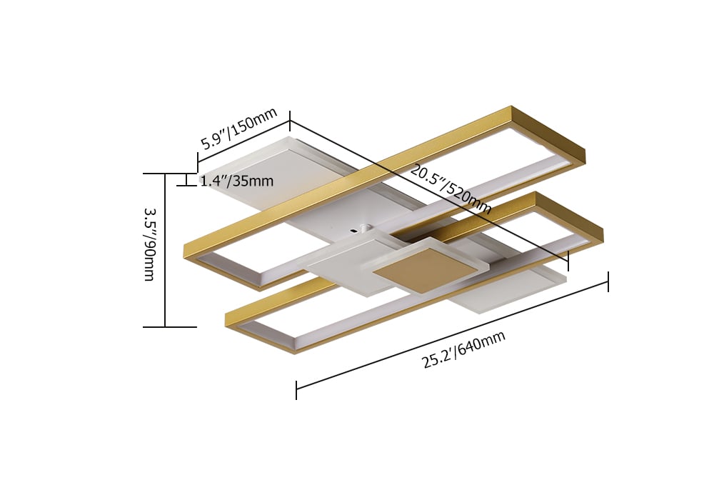 HMR - LED Modern Rectangular Flush Mount Ceiling Light in Gold & White with Remote Control